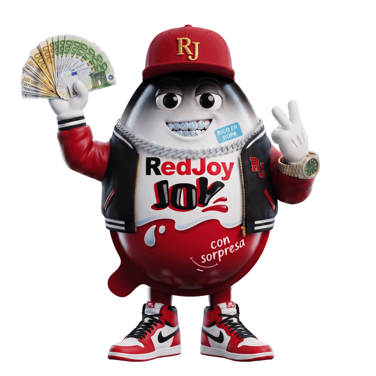 Mascota RedJoy — huevo reseller vintage con billetes y Air Jordan